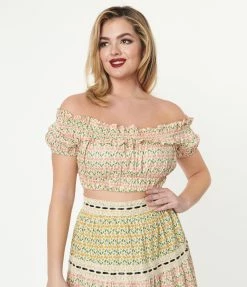 Unique Vintage Cream & Pink Floral Print Ruffle Up Crop Top