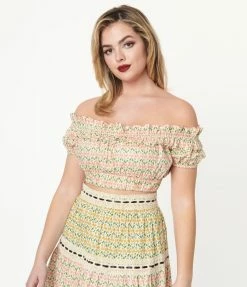 Unique Vintage Cream & Pink Floral Print Ruffle Up Crop Top