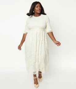Pink Ripple Plus Size Vintage Style Antique Ivory Lace Modest Midi Dress Clothing