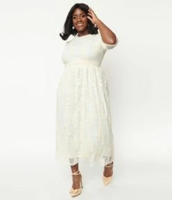 Pink Ripple Plus Size Vintage Style Antique Ivory Lace Modest Midi Dress Clothing