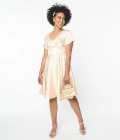 SHEEN Clothing Ltd Wedding Champagne Embossed Satin Kaylee Bridal Flare Dress