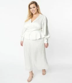 SHEEN Clothing Ltd Wedding Plus Size Ivory Long Sleeve Blouse & Midi Skirt Bridal Set