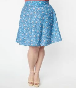 Retrolicious Plus Size Blue & Mushroom Houses Skater Skirt