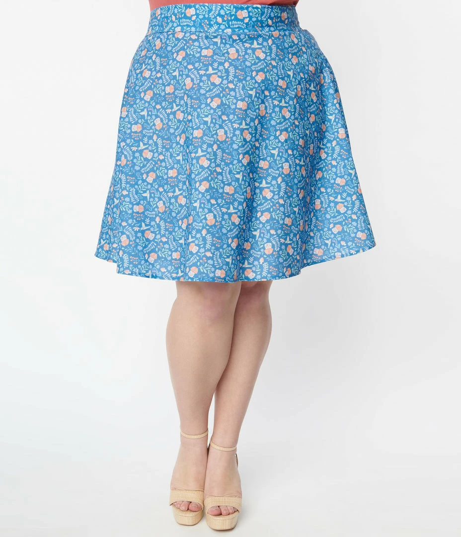 Retrolicious Plus Size Blue & Mushroom Houses Skater Skirt