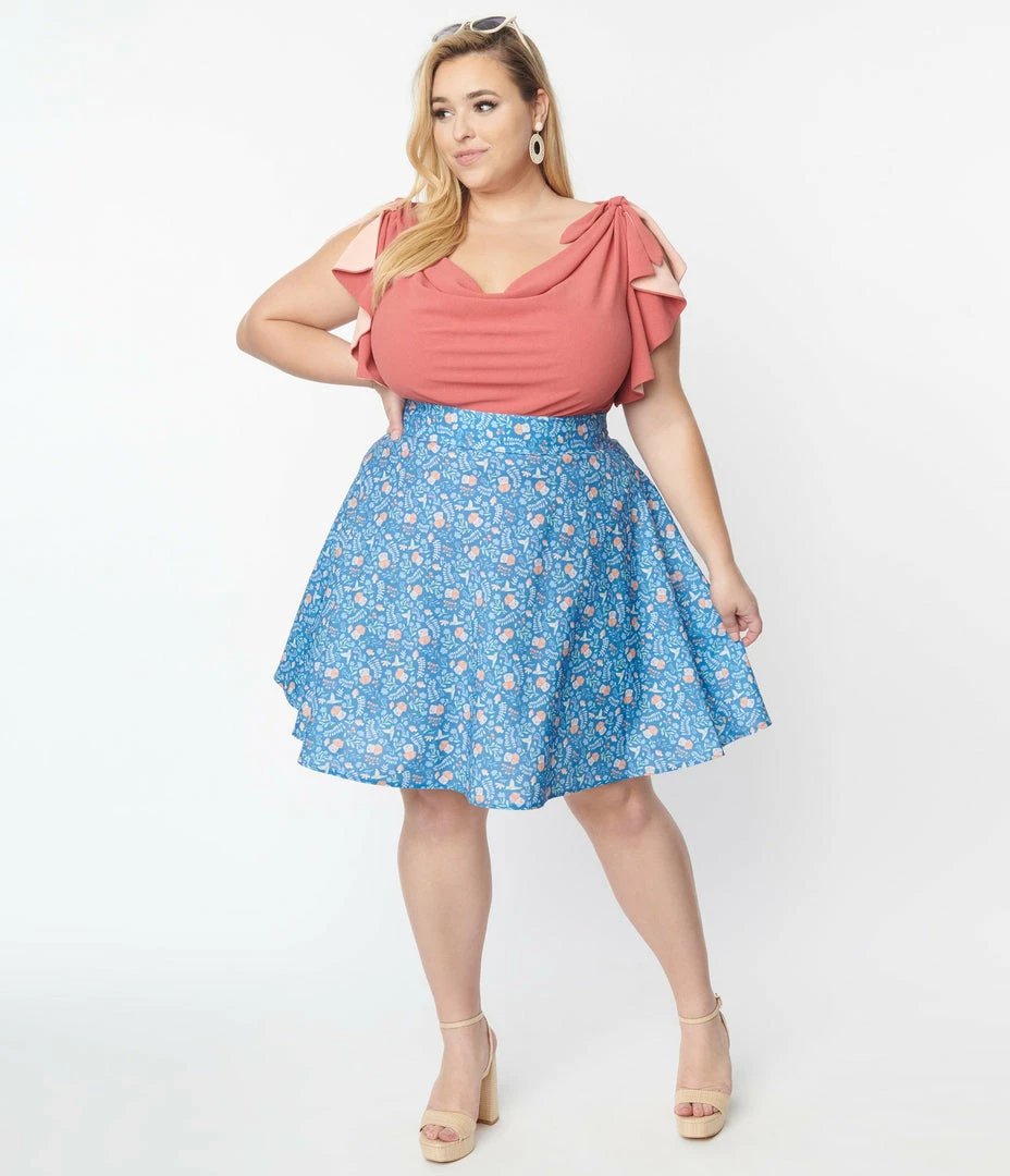 Retrolicious Plus Size Blue & Mushroom Houses Skater Skirt