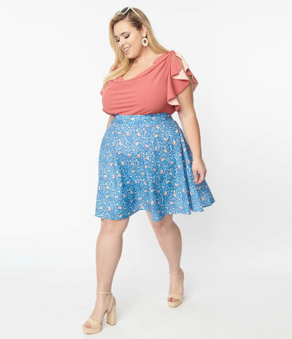 Retrolicious Plus Size Blue & Mushroom Houses Skater Skirt