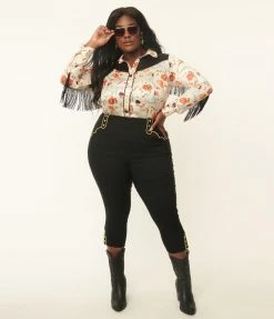 Clothing Unique Vintage Plus Size Black & Gold Trim Western Clementine Capris