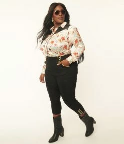 Clothing Unique Vintage Plus Size Black & Gold Trim Western Clementine Capris