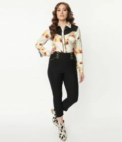 Clothing Unique Vintage Black & Gold Trim Western Clementine Capris