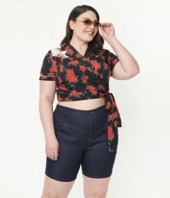 New Arrivals! Unique Vintage Plus Size Dark Blue Denim Bermuda Shorts