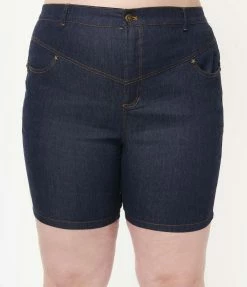 New Arrivals! Unique Vintage Plus Size Dark Blue Denim Bermuda Shorts