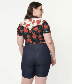 New Arrivals! Unique Vintage Plus Size Dark Blue Denim Bermuda Shorts