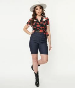 Unique Vintage Dark Blue Denim Bermuda Shorts New Arrivals!