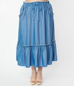 Unique Vintage Plus Size Chambray Ruffle Tiered Midi Skirt Sale