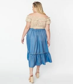 Unique Vintage Plus Size Chambray Ruffle Tiered Midi Skirt Sale