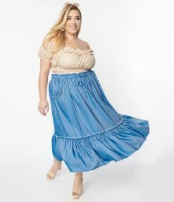 Unique Vintage Plus Size Chambray Ruffle Tiered Midi Skirt Sale