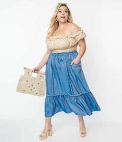 Unique Vintage Plus Size Chambray Ruffle Tiered Midi Skirt Sale