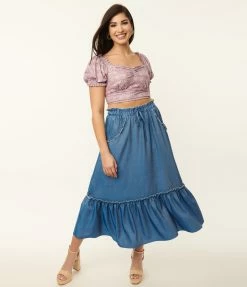 Unique Vintage Chambray Ruffle Tiered Midi Skirt Sale