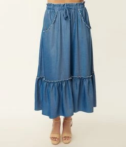 Unique Vintage Chambray Ruffle Tiered Midi Skirt Sale