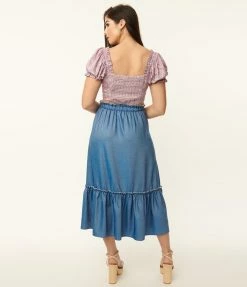 Unique Vintage Chambray Ruffle Tiered Midi Skirt Sale