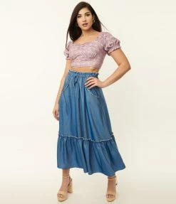 Unique Vintage Chambray Ruffle Tiered Midi Skirt Sale