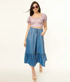 Unique Vintage Chambray Ruffle Tiered Midi Skirt Sale