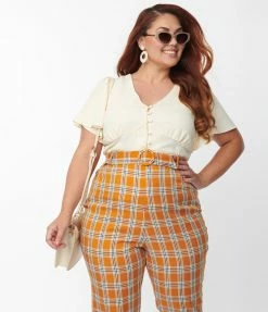 Unique Vintage Plus Size Cream Flutter Sleeve Blouse Clothing