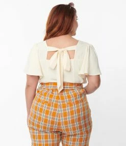 Unique Vintage Plus Size Cream Flutter Sleeve Blouse Clothing