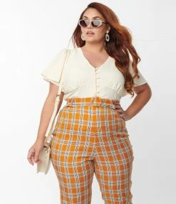 Unique Vintage Plus Size Cream Flutter Sleeve Blouse Clothing