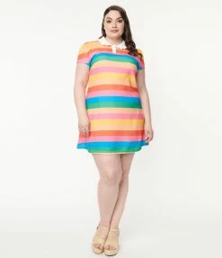 Unique Vintage Plus Size Rainbow Pride Stripes Mini Dress
