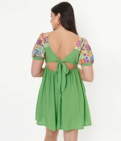 Sale Smak Parlour Lime Green & Quilt Pattern Babydoll Dress