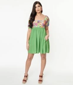 Sale Smak Parlour Lime Green & Quilt Pattern Babydoll Dress