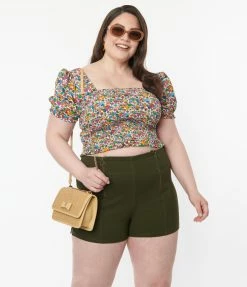 Sale Unique Vintage Plus Size Olive Denim Summer Love Shorts