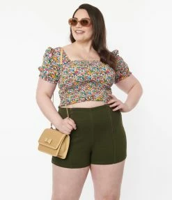 Sale Unique Vintage Plus Size Olive Denim Summer Love Shorts