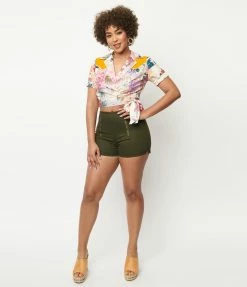 Unique Vintage Olive Denim Summer Love Shorts Sale