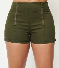Unique Vintage Olive Denim Summer Love Shorts Sale
