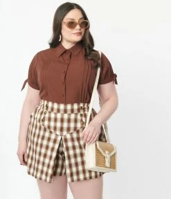 Unique Vintage Plus Size Brown Plaid Sailor Sweeney Shorts Sale