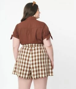 Unique Vintage Plus Size Brown Plaid Sailor Sweeney Shorts Sale