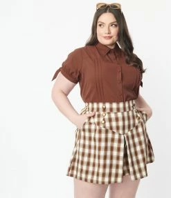 Unique Vintage Plus Size Brown Plaid Sailor Sweeney Shorts Sale