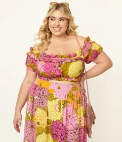 Unique Vintage Plus Size Pink & Yellow Floral Print Ruffle Up Crop Top