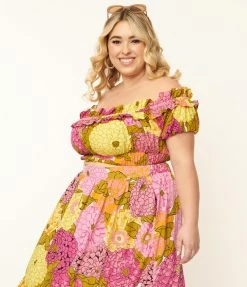 Unique Vintage Plus Size Pink & Yellow Floral Print Ruffle Up Crop Top