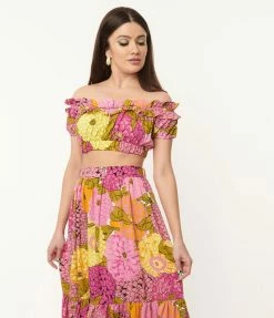 Unique Vintage Pink & Yellow Floral Print Ruffle Up Crop Top Sale