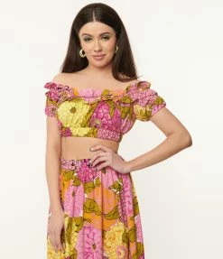 Unique Vintage Pink & Yellow Floral Print Ruffle Up Crop Top Sale