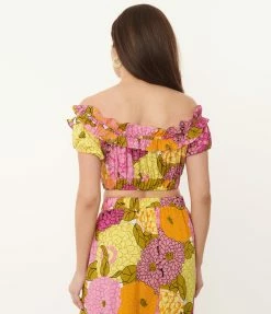 Unique Vintage Pink & Yellow Floral Print Ruffle Up Crop Top Sale