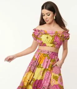 Unique Vintage Pink & Yellow Floral Print Ruffle Up Crop Top Sale