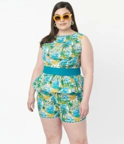 Unique Vintage Plus Size Seaside Village Print Honeybun Top
