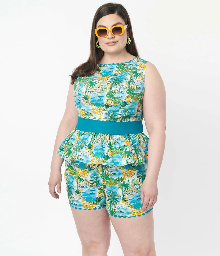 Unique Vintage Plus Size Seaside Village Print Honeybun Top