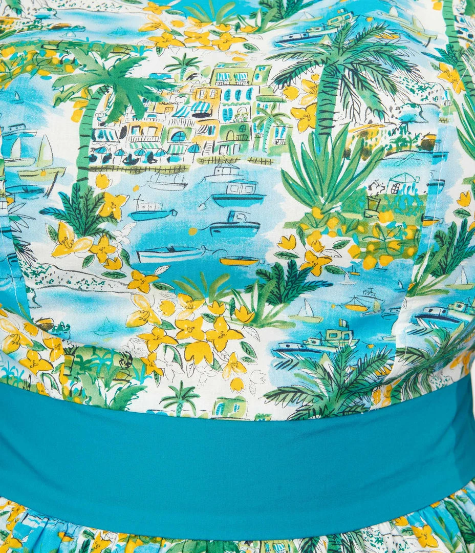 Unique Vintage Plus Size Seaside Village Print Honeybun Top