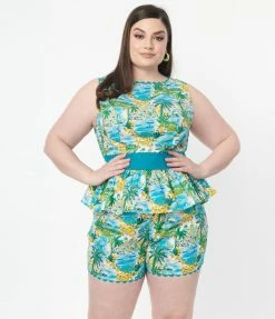 Unique Vintage Plus Size Seaside Village Print Honeybun Top