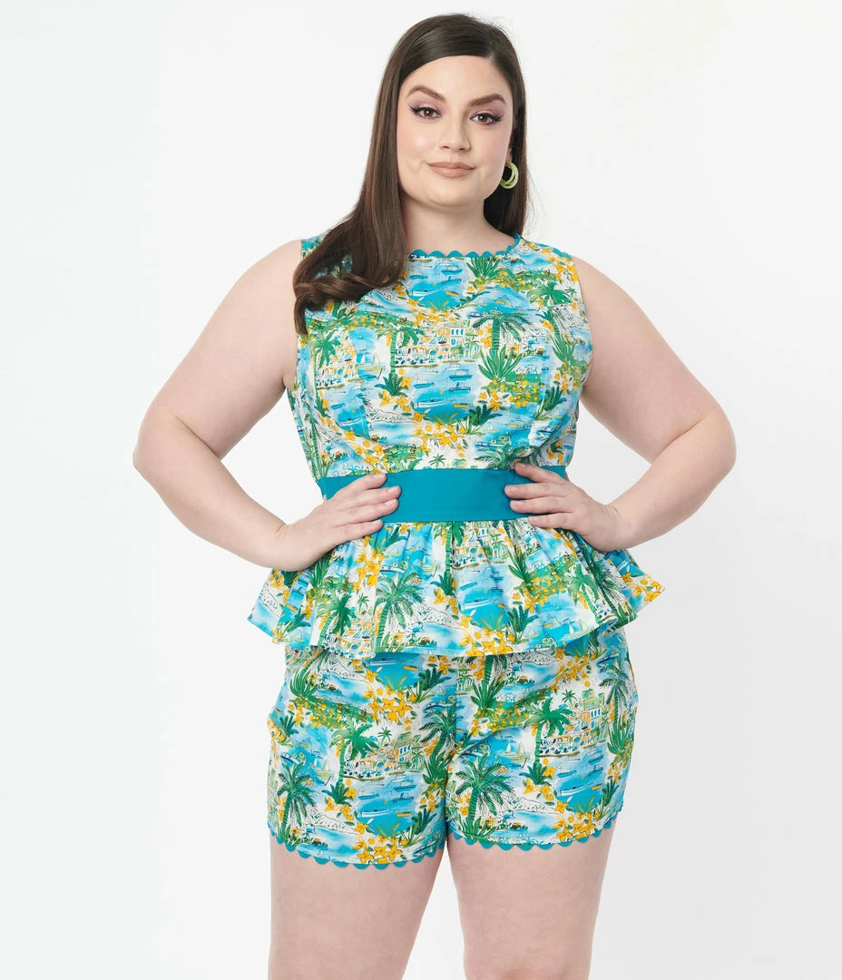 Unique Vintage Plus Size Seaside Village Print Honeybun Top